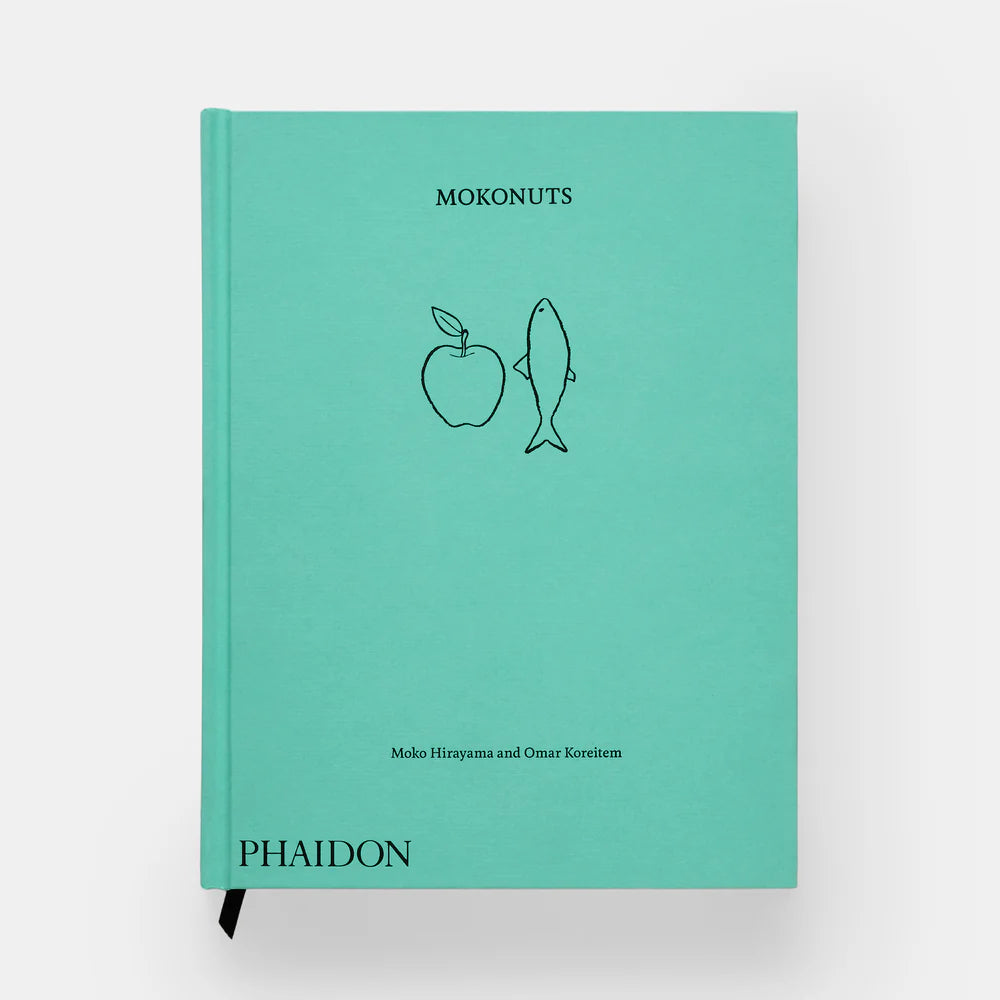 Book cover with illustrations of an apple and a fish on a teal background