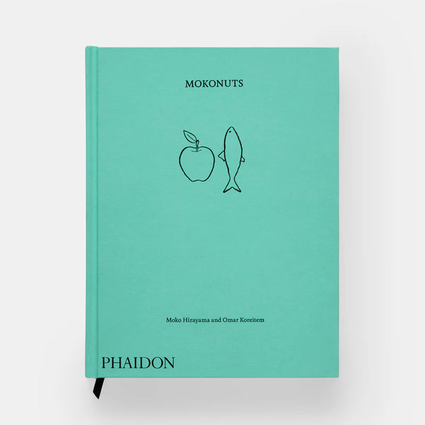 Book cover with illustrations of an apple and a fish on a teal background