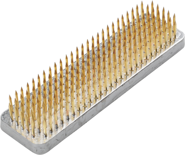 Rectangular metal plate with gold-colored pins.