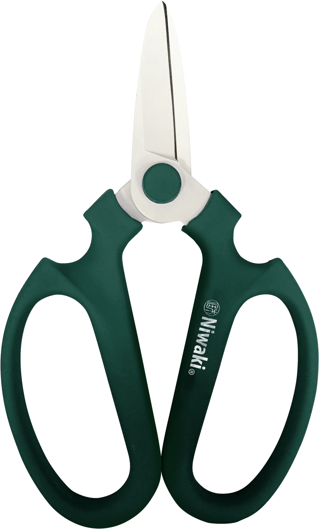 A pair of Niwaki Sakagen flower scissors with green ergonomic resin molded handles and silver blades.