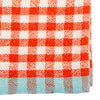 A close-up of a woven textile with a red and white gingham check pattern and a light blue border along the bottom edge.