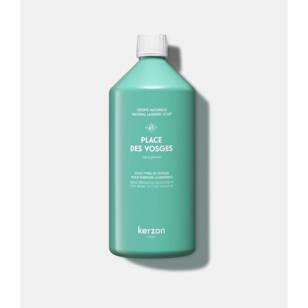 Green bottle of Kerzon Place Des Vosges laundry soap on a white background