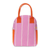 A pink and orange striped canvas lunch bag with orange handles and side pockets, shown against a plain white background.